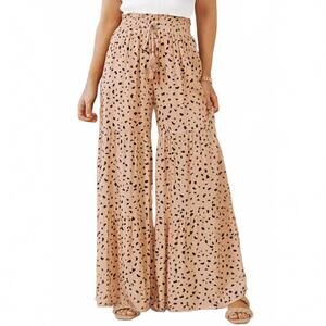NEW UMORGER ruffle wide leg dalmatian palazzo pants in brown